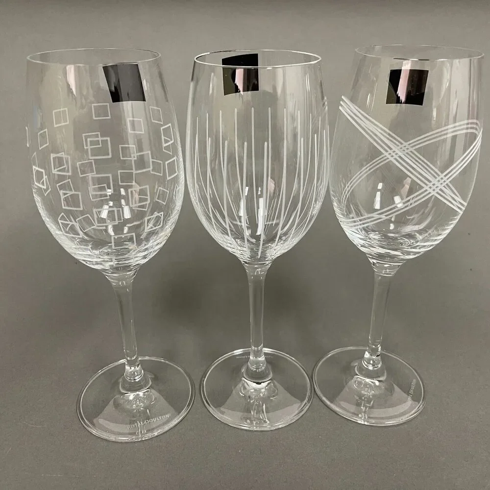 Royal Doulton Cystal Party Wine Glass Glasses‎ Squares Etched Lines Clear - 3